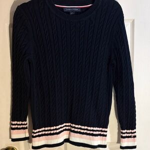 Tommy Hilfiger Navy Cable-Knit Crew Sweater with Pink & White Stripe Trim Large